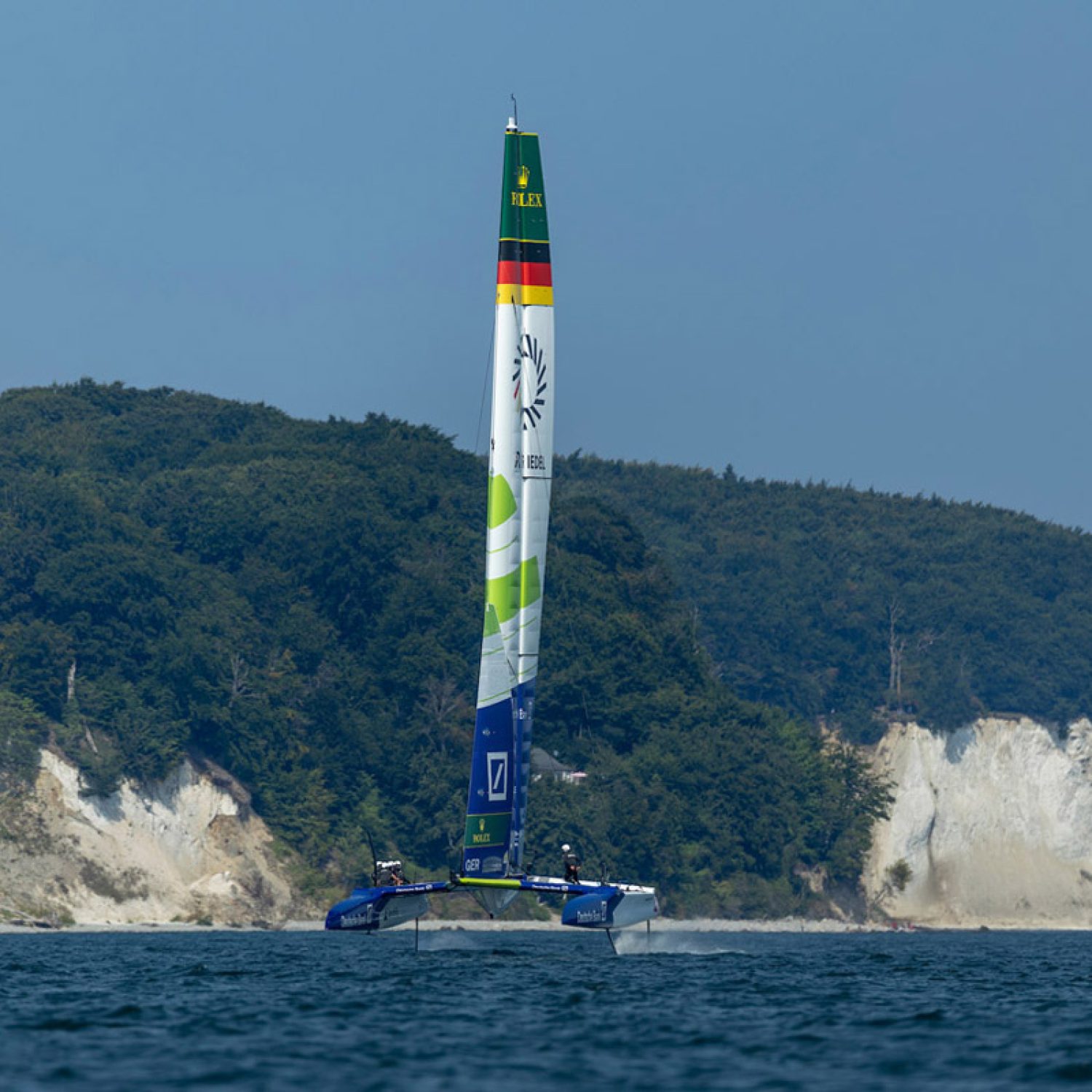 Germany SailGP Team presented by Deutsche Bank helmed by Erik Heil in action during a practice session ahead of the Germany Sail Grand Prix in Sassnitz, Germany. Friday 15 August 2025. Rolex SailGP Championship Event 8 Season 2025. Photo: Felix Diemer for SailGP. Handout image supplied by SailGP